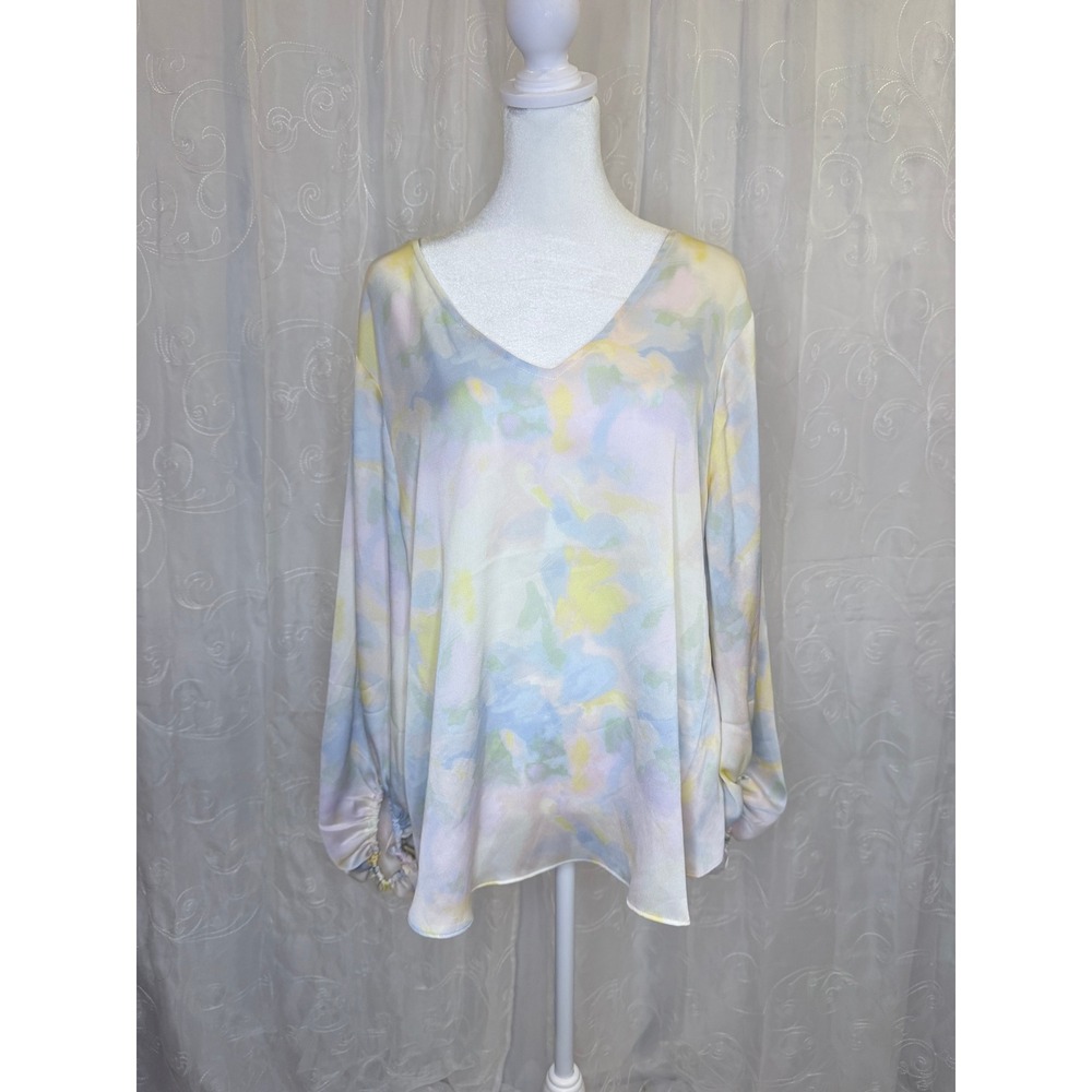 Cato Watercolor Pastel Floral V-Neck Blouse Strappy Back Ruffle Cuff Large